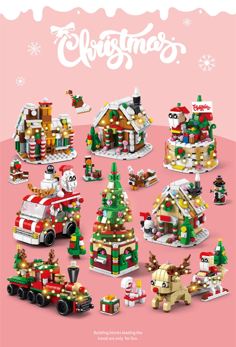 6 In 1 Upgraded Christmas Series Building Blocks Set With Light Creative Winter Village House DIY Bricks Toys For Kids Xmas Gift