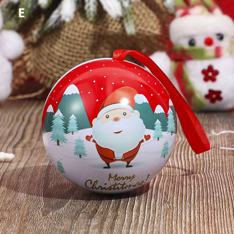 Christmas Round Ball Box Tinplate Candy Box Christmas Tree Decorations Candy Jar Xmas Tree Hanging Ball Candy Cans Kids Gift