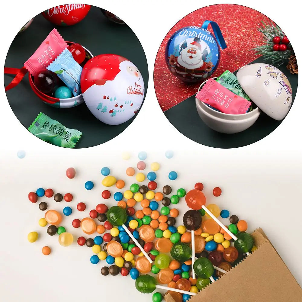 Christmas Round Ball Box Tinplate Candy Box Christmas Tree Decorations Candy Jar Xmas Tree Hanging Ball Candy Cans Kids Gift