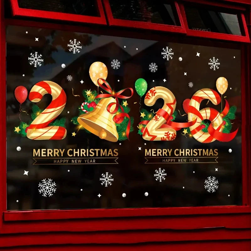 2026 Happy New Year Christmas Decorative Sticker Glass Window Static Sticker Merry Xmas Shopping Center Shop Decorative Sticker