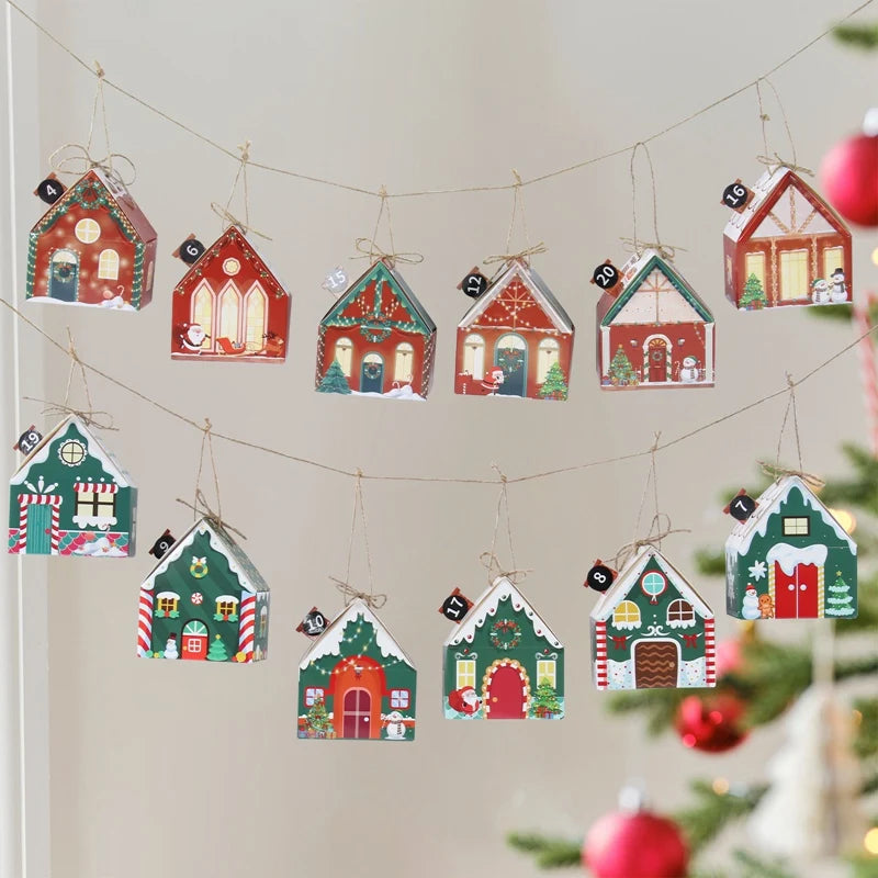 6Pcs Merry Christmas 2025 Gift Bags House Shape Kraft Paper Candy Cookie Bags Packaging Boxes Christmas Tree Pendant Party Decor