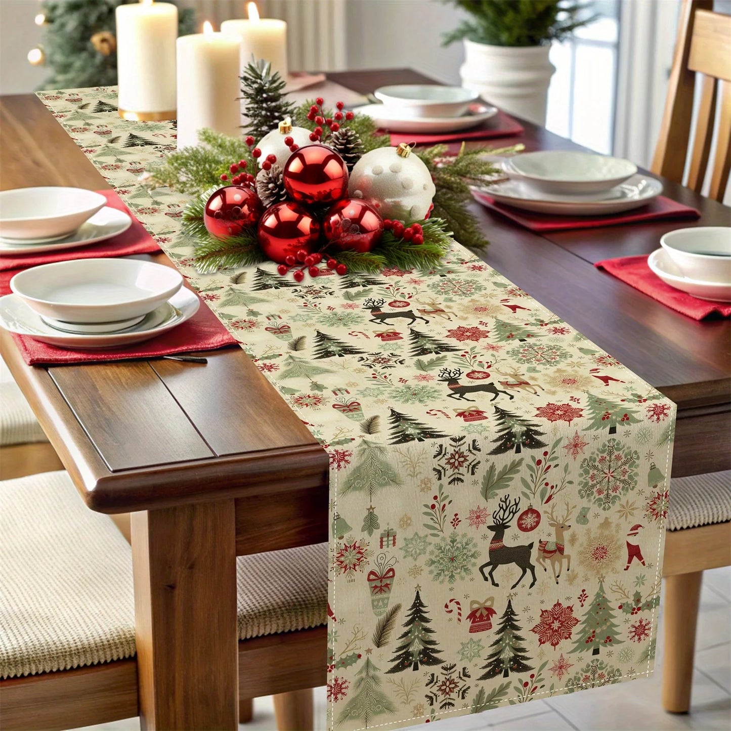 Festive Christmas Table Runner | Reindeer, Pine Trees & Snowflakes Design |Ideal for Dining Room , Holiday Dining Table Settings