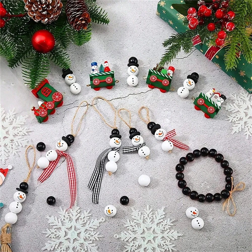 50 Pcs Christmas Snowman Wooden Beads DIY Craft Kit, Festive Decoration Set with Jute Rope, Perfect for Holiday Parties & Gifts