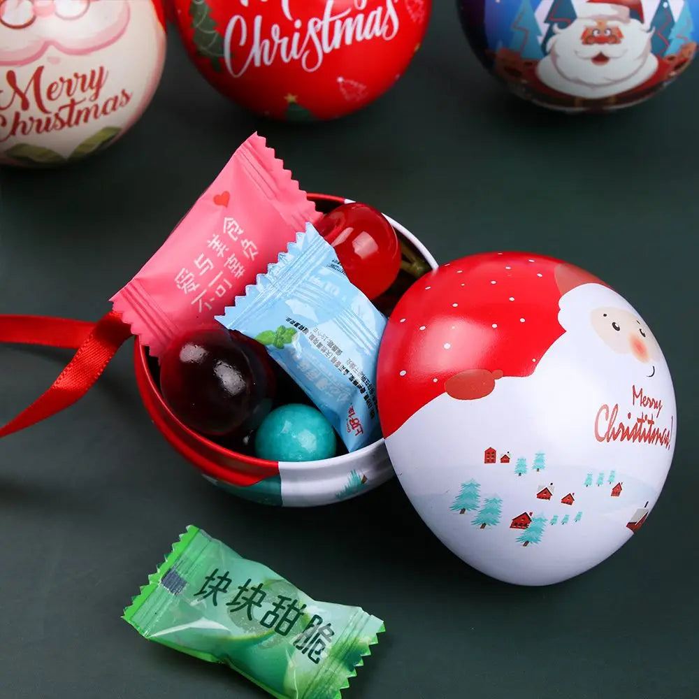Creative Christmas Candy Box Tin Round Ball Shaped for Kids Gift Packaging Box DIY Xmas Tree Hanging Decoration Party Supplies