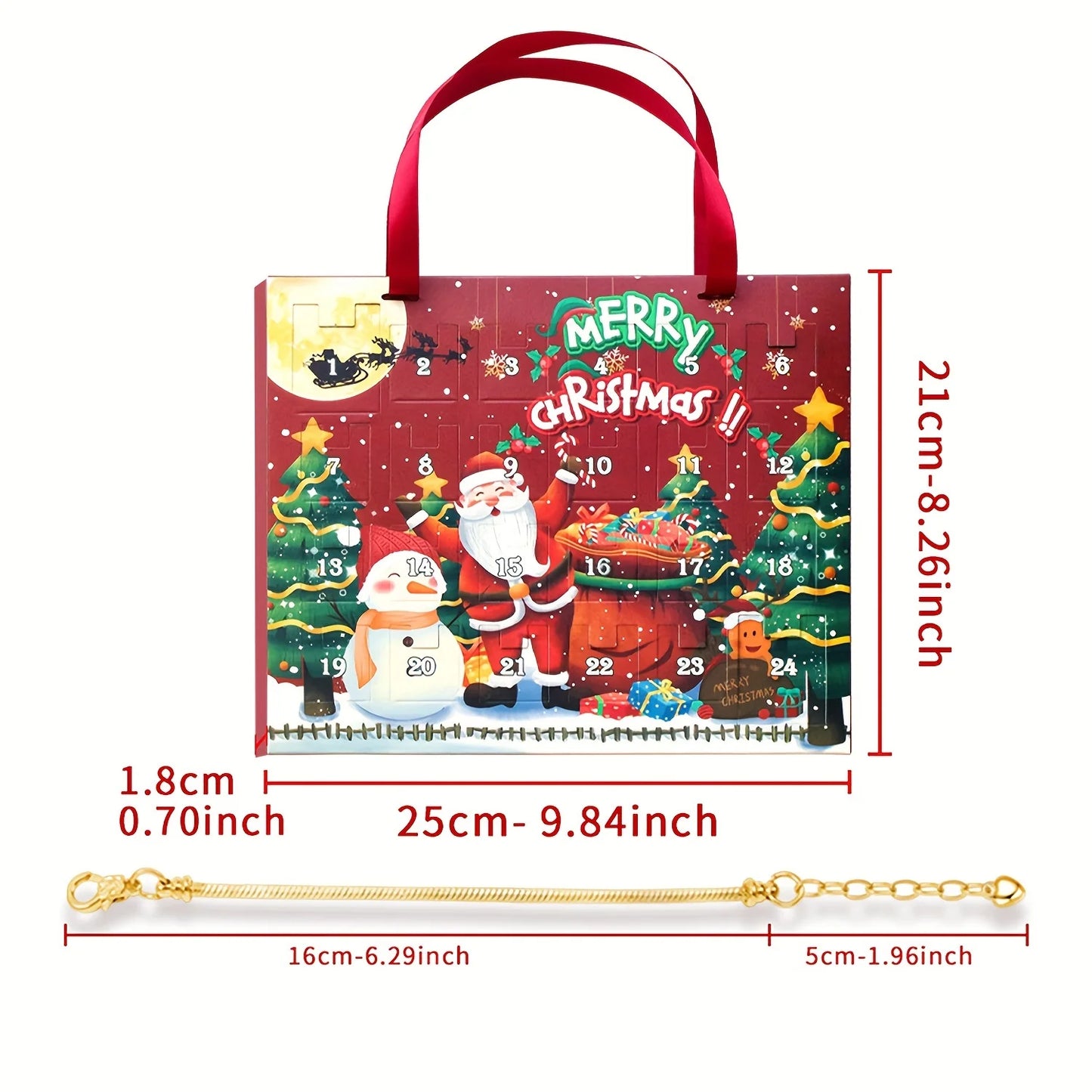 Portable portable Christmas countdown gift box, 24-day advent calendar, including Santa Claus, snowflakes, snowman pendants,