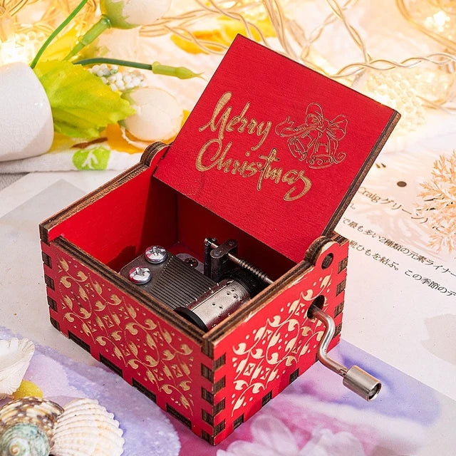Merry Christmas Wooden Music Box Hand Cranked Movement Christmas Gifts for Children Birthday Present  Home Office Decoration