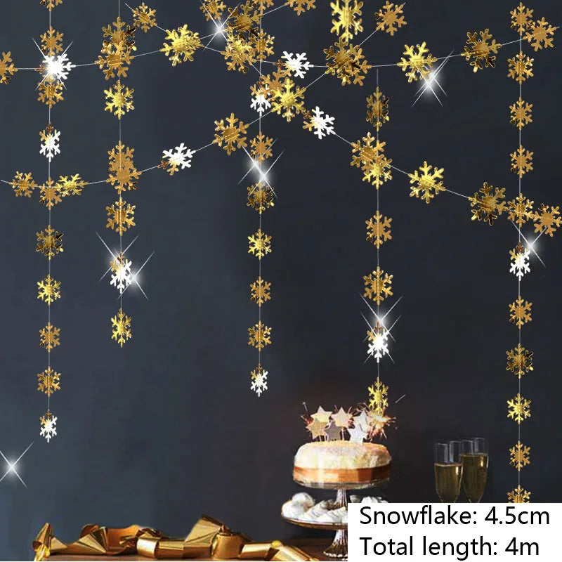 4M Silver Gold Snowflake Garlands for Christmas Tree Hanging Decor Winter Wonderland Party Fake Snow Decoration Paper Streamers