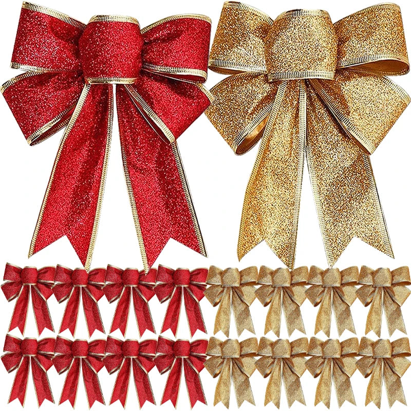 Christmas Bow Ornaments Xmas Tree Glitter Craft Bowknot Xmas Wreath Garland Decorative Ribbon Shiny Bows Christmas Decoration