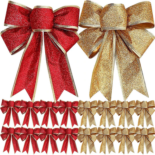 Christmas Bow Ornaments Xmas Tree Glitter Craft Bowknot Xmas Wreath Garland Decorative Ribbon Shiny Bows Christmas Decoration
