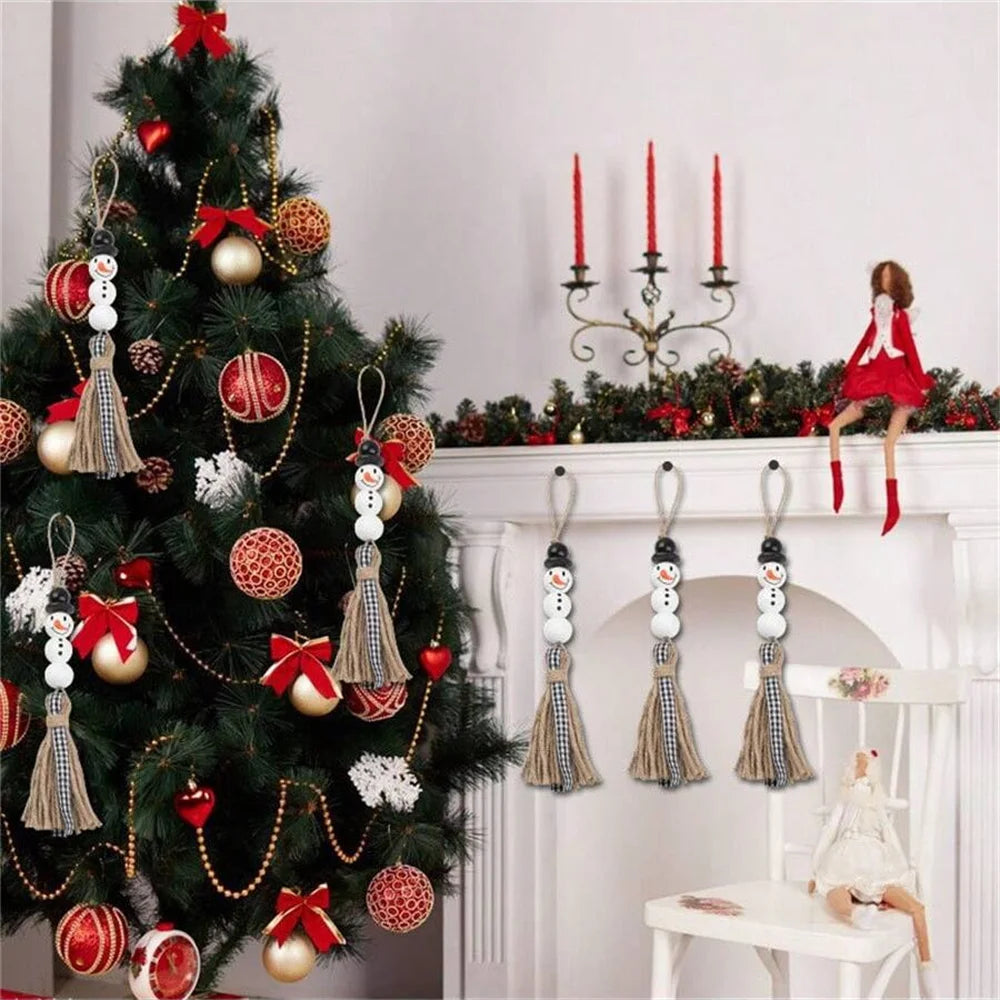 50 Pcs Christmas Snowman Wooden Beads DIY Craft Kit, Festive Decoration Set with Jute Rope, Perfect for Holiday Parties & Gifts