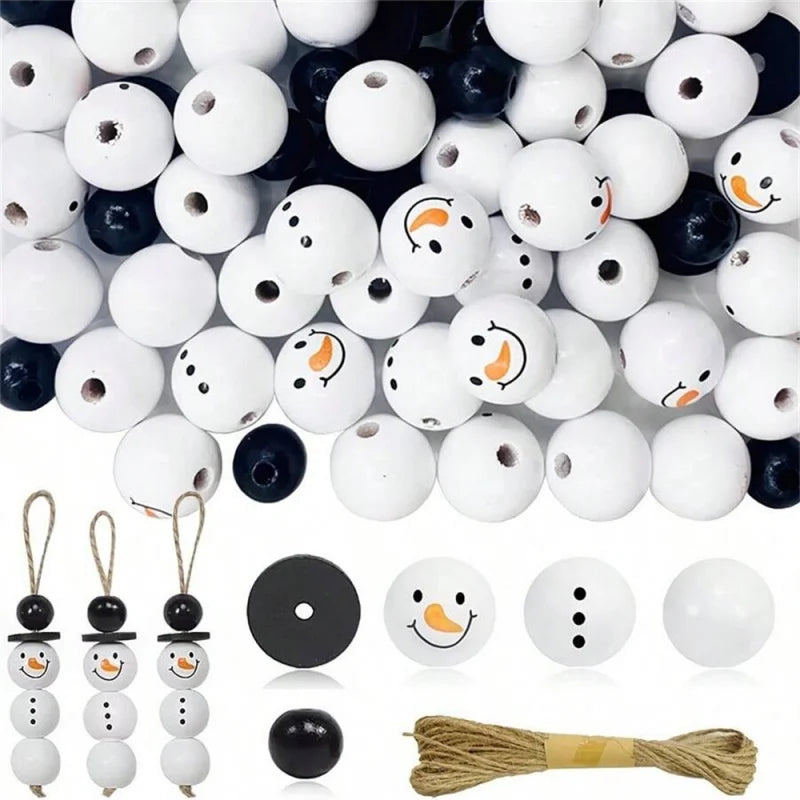 50 Pcs Christmas Snowman Wooden Beads DIY Craft Kit, Festive Decoration Set with Jute Rope, Perfect for Holiday Parties & Gifts