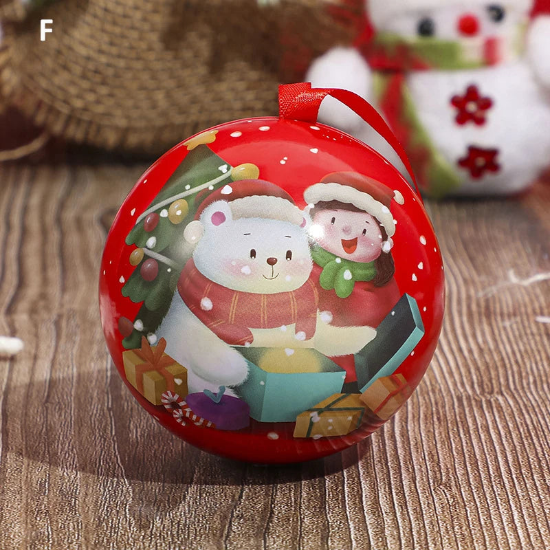 Christmas Round Ball Box Tinplate Candy Box Christmas Tree Decorations Candy Jar Xmas Tree Hanging Ball Candy Cans Kids Gift