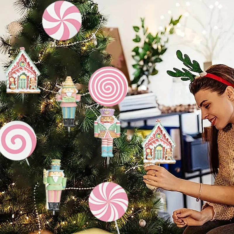 Christmas Party Decorations Tree Picks Large Nutcracker Peppermint Lollipop Christmas Picks for Tree Cute Candy Picks Ornaments