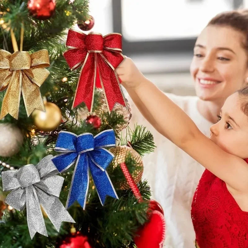 Christmas Bow Ornaments Xmas Tree Glitter Craft Bowknot Xmas Wreath Garland Decorative Ribbon Shiny Bows Christmas Decoration