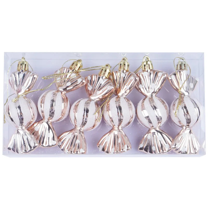 Christmas tree decorations, snowmen, faceless Santa Claus, candy sticks, colorful balls, small houses, Christmas atmosphere deco