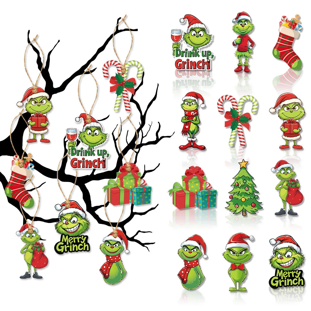 18Pcs 2D Acrylic Christmas Tree Green Monsters Ornaments Cute Green Monsters Christmas Tree Pendants Christmas Cartoon Ornaments