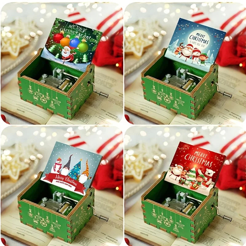 Merry Christmas Series Music Box Wooden Antique Carved Hand Cranked Classic Theme Music for Birthday Party Gifts Family Decor
