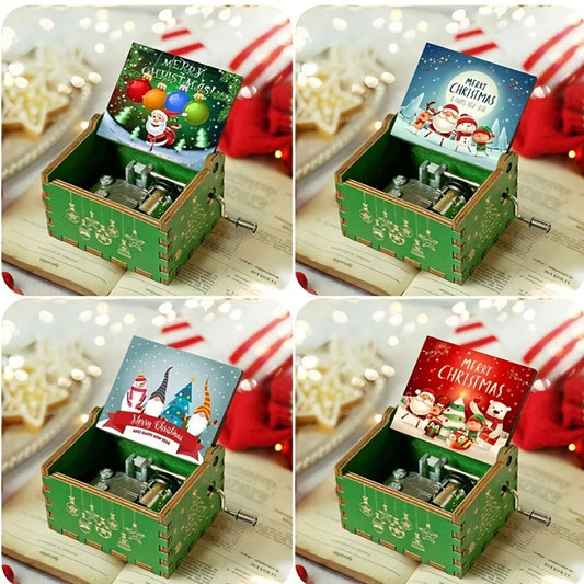 Merry Christmas Series Music Box Wooden Antique Carved Hand Cranked Classic Theme Music for Birthday Party Gifts Family Decor
