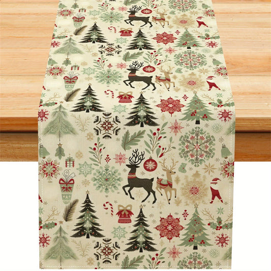 Festive Christmas Table Runner | Reindeer, Pine Trees & Snowflakes Design |Ideal for Dining Room , Holiday Dining Table Settings