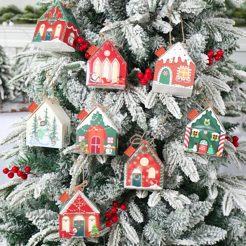 6Pcs Merry Christmas 2025 Gift Bags House Shape Kraft Paper Candy Cookie Bags Packaging Boxes Christmas Tree Pendant Party Decor