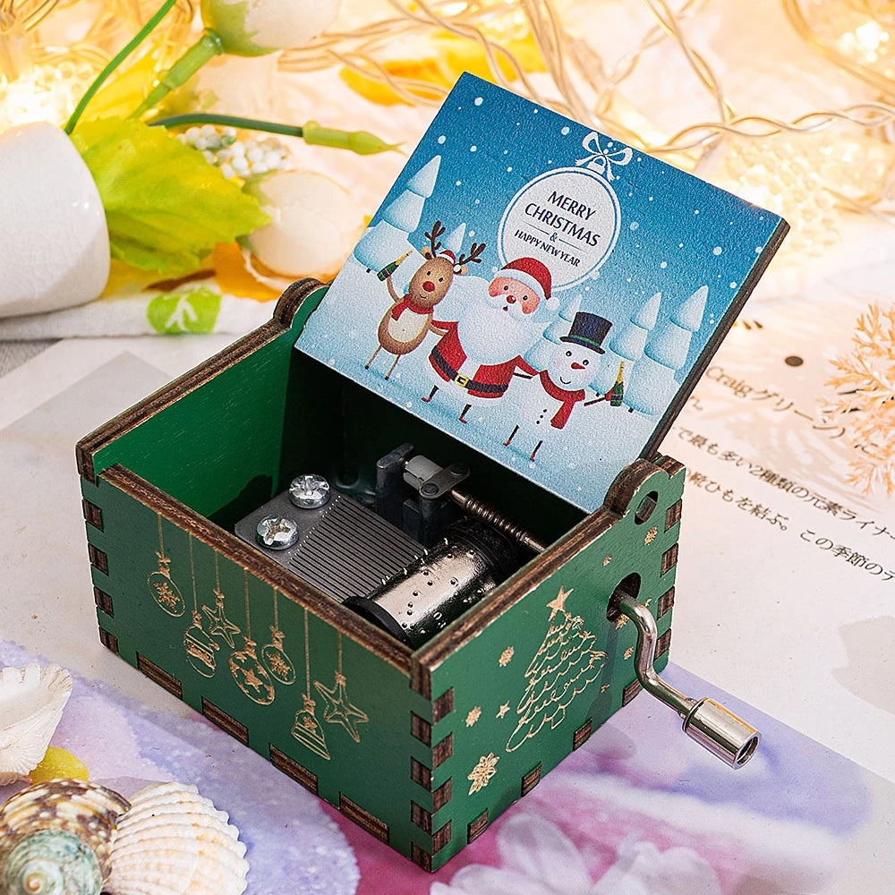 Merry Christmas Wooden Music Box Hand Cranked Movement Christmas Gifts for Children Birthday Present  Home Office Decoration
