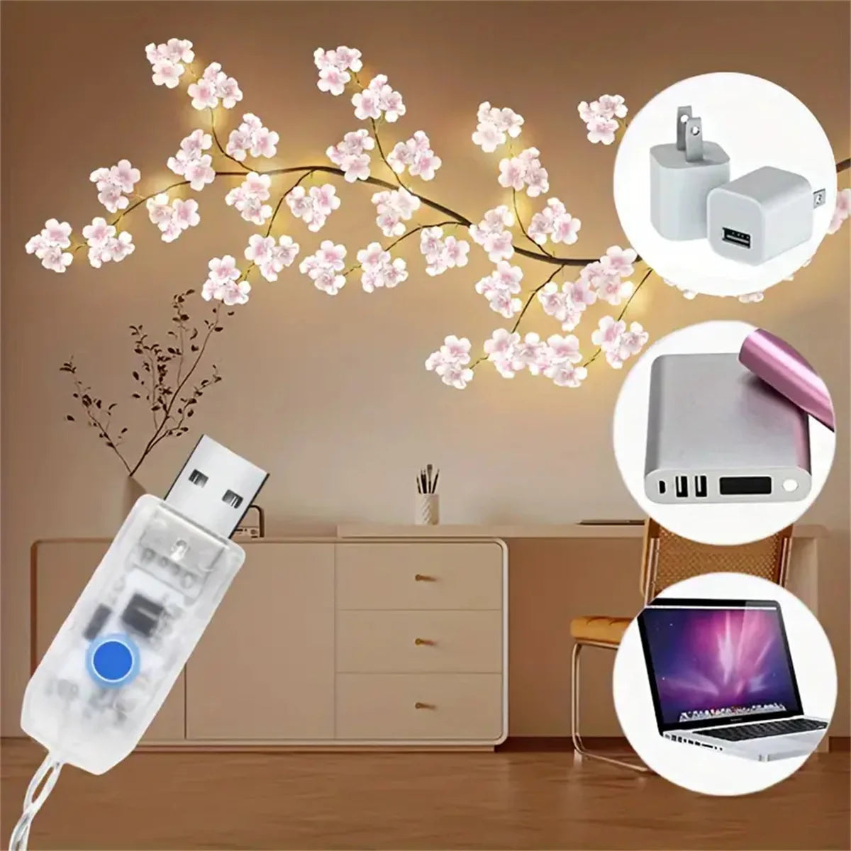 USB Powered Cherry Blossom Branch Lights 8 Modes 96LEDs String Lights for Living Room Bedroom Wedding Christmas Holiday Decor