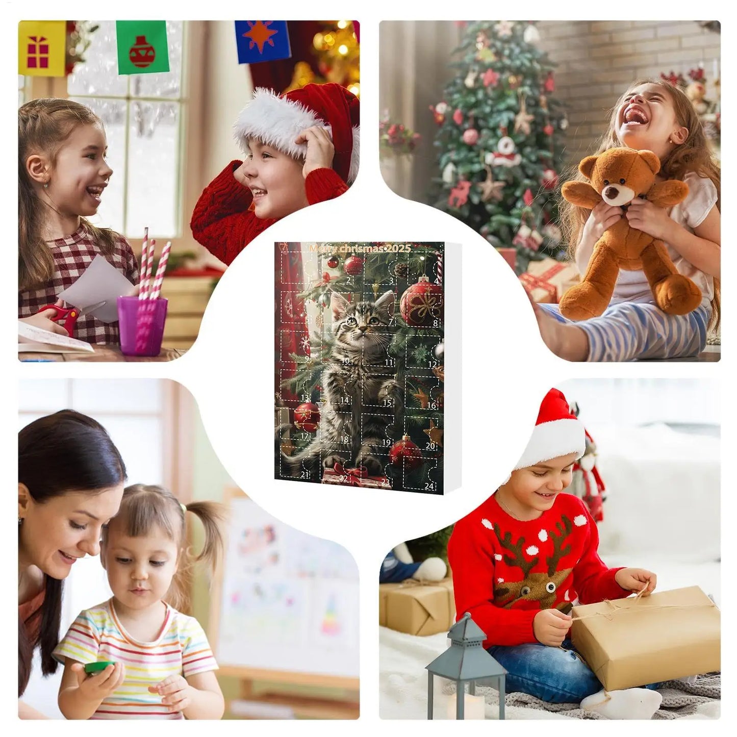 24 Piece Cat Christmas Advent Calendar Set - 2D Acrylic Cute Kitten Ornaments for Tree, Window, Wall, Door, Car Rearview Mirror