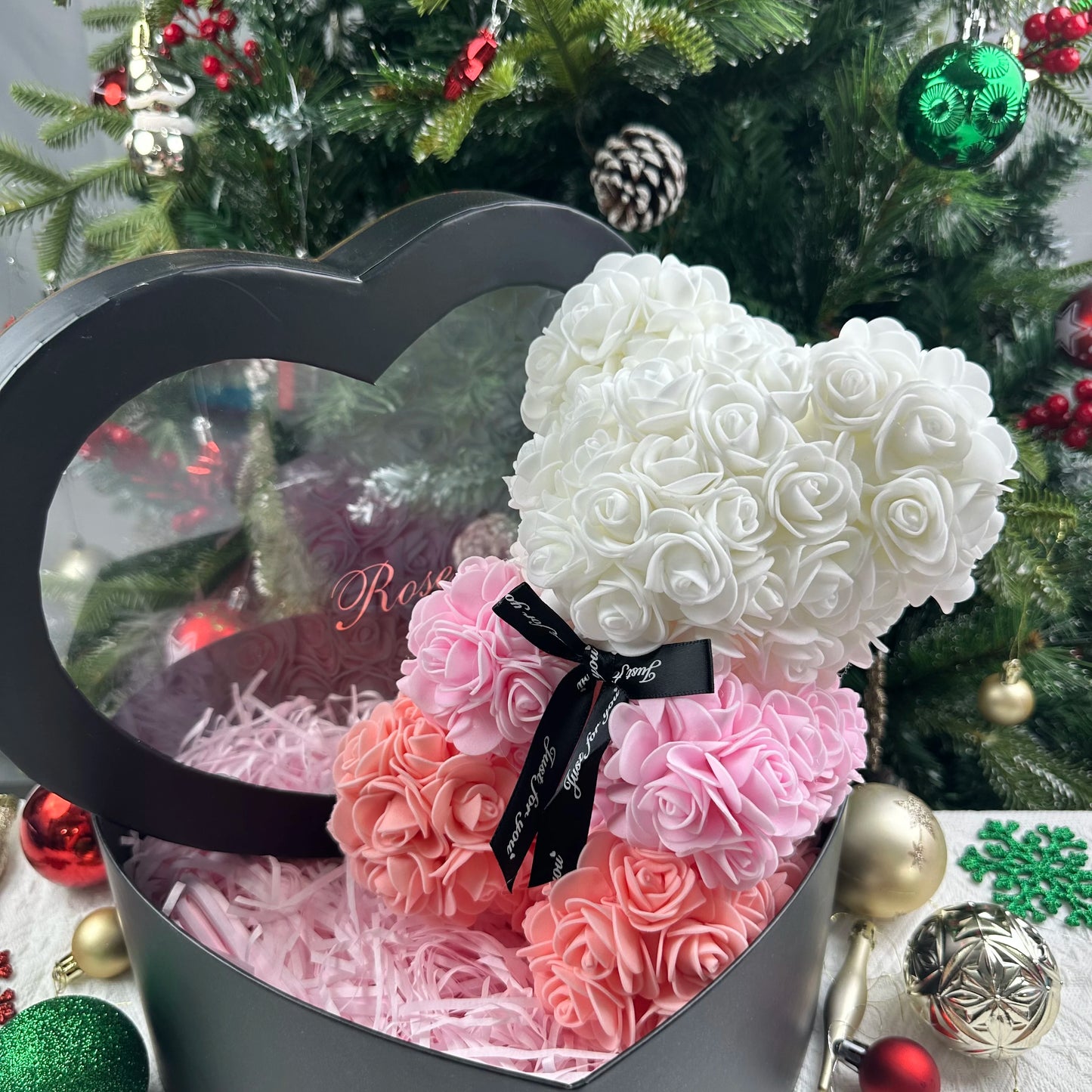 25cm Artificial Teddy Rose Flower Bear with Box Romantic Valentines Day Gift Girlfriend Women Anniversary Wedding Party Supplies