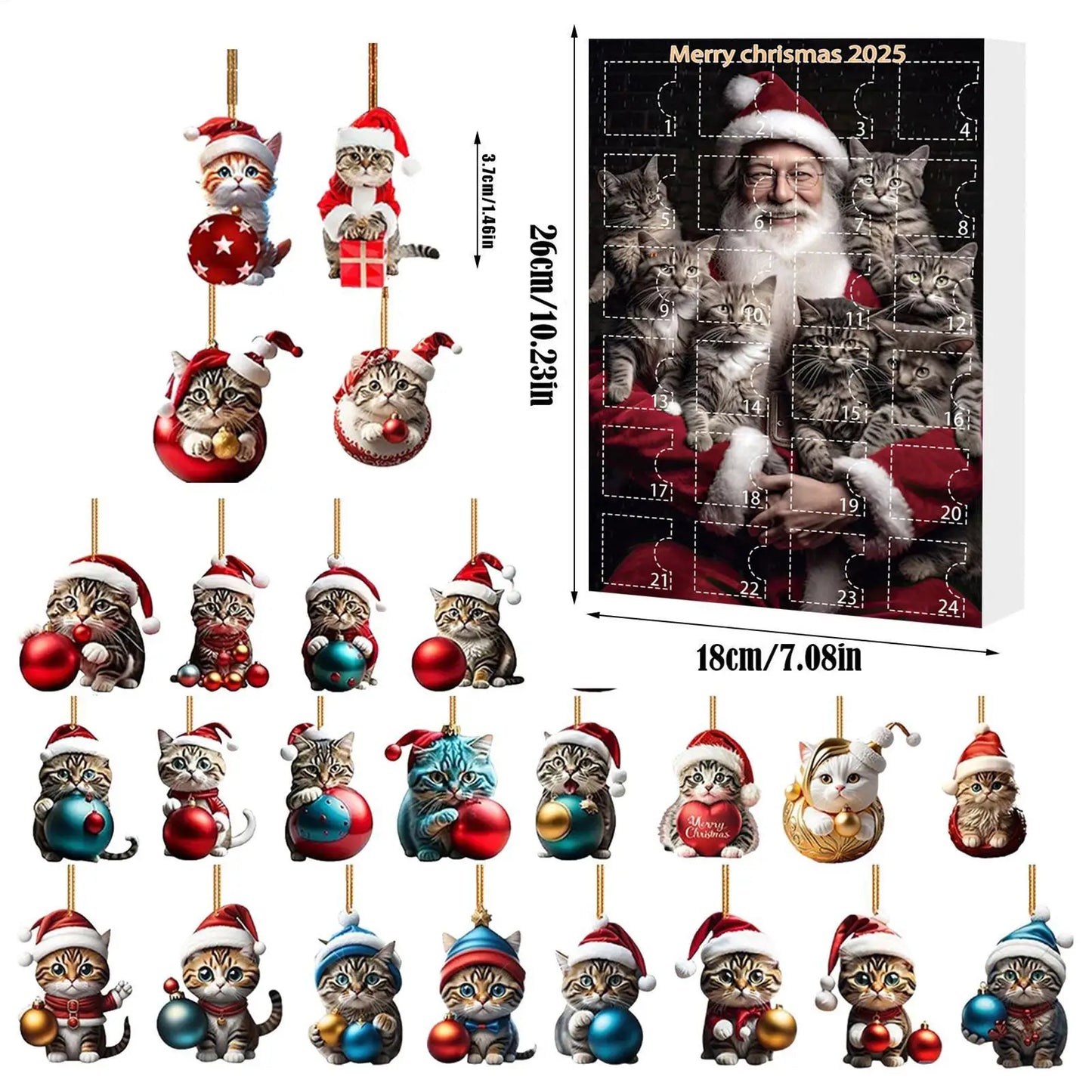 24 Piece Cat Christmas Advent Calendar Set - 2D Acrylic Cute Kitten Ornaments for Tree, Window, Wall, Door, Car Rearview Mirror