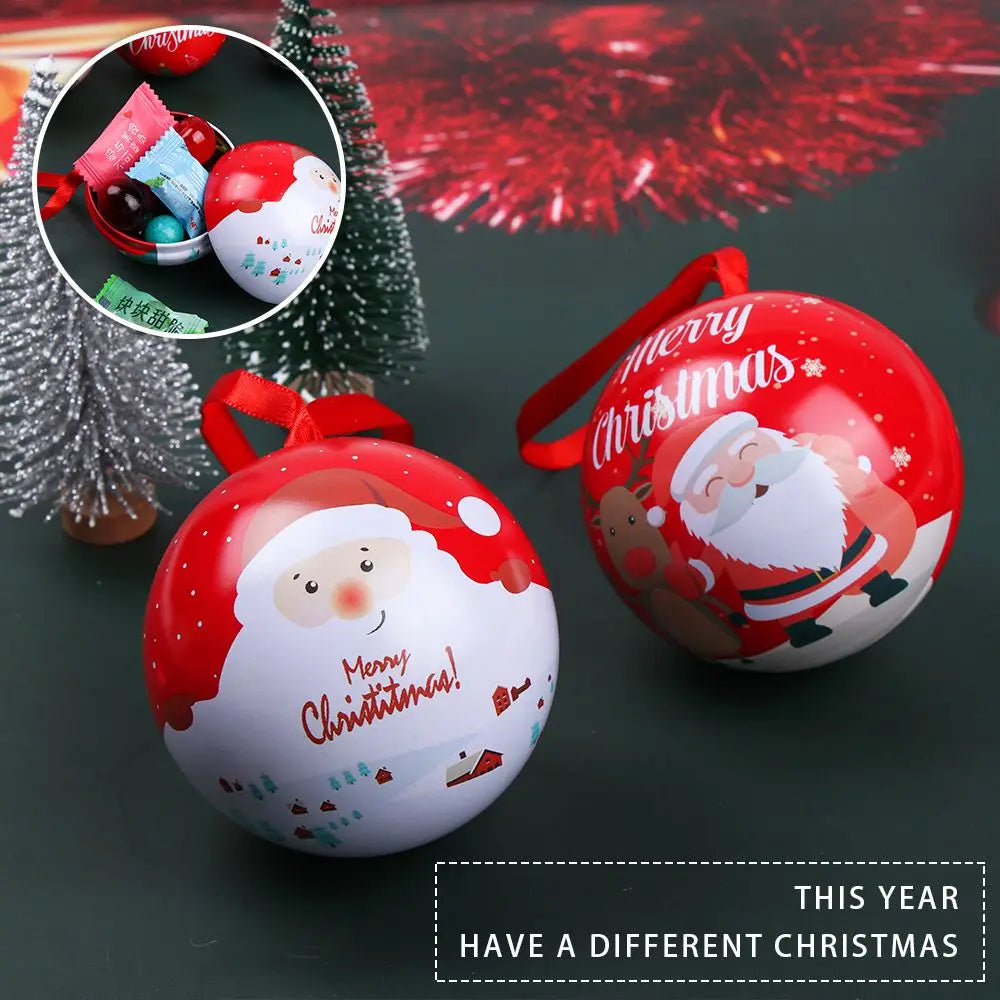 Christmas Round Ball Box Tinplate Candy Box Christmas Tree Decorations Candy Jar Xmas Tree Hanging Ball Candy Cans Kids Gift