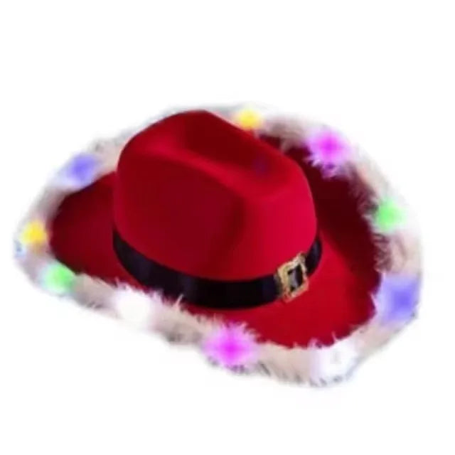 Fashion Santa Claus Party Christmas Luminous Cowboy Hat Western Red Felt Hats Wide Brim Cowgirl Hat Jazz Hat for Women Men