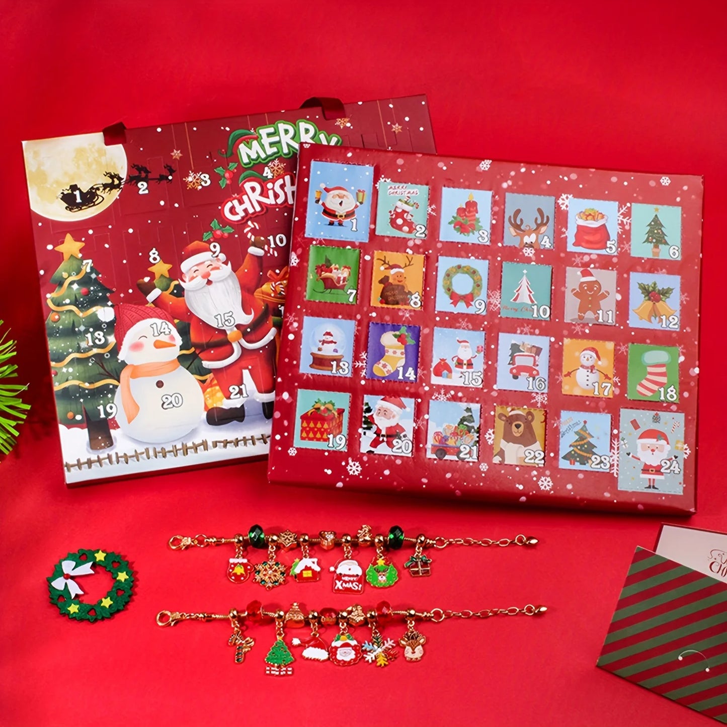Portable portable Christmas countdown gift box, 24-day advent calendar, including Santa Claus, snowflakes, snowman pendants,