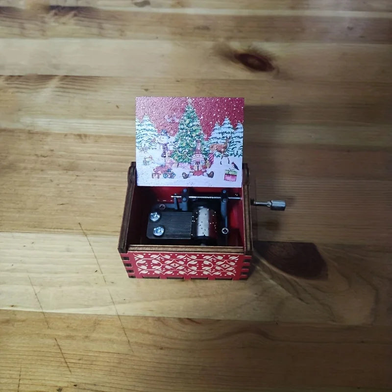 Merry Christmas Series Music Box Wooden Antique Carved Hand Cranked Classic Theme Music for Birthday Party Gifts Family Decor