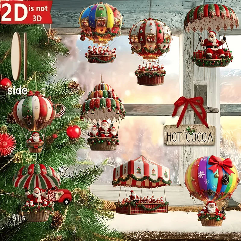 10/20Pcs Christmas Wooden Hot Air Balloon Santa Claus 2D Flat Wooden Pendant Christmas Tree Decoration Holiday Gift Decor