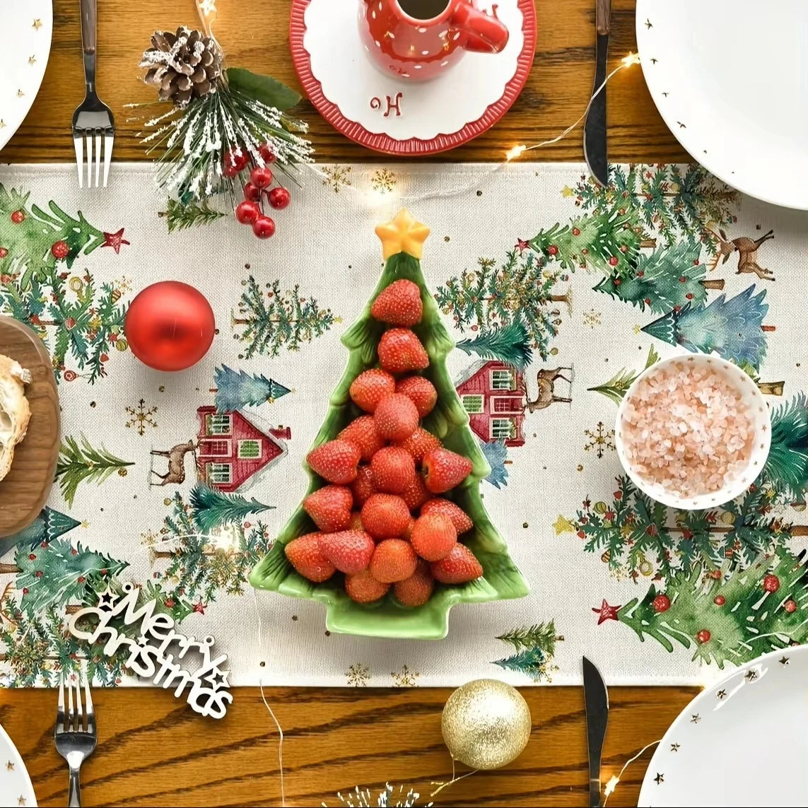 Christmas Tree Table Runner with Cedar Snowflake Print, Woven Linen Winter Theme for Indoor Outdoor Dining Home Decor