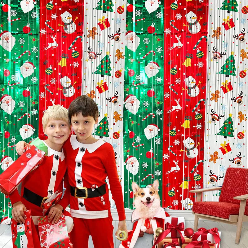 1pc 1x2M Merry Christmas Foil Fringe Curtains Xmas Theme Background Tassel Green Red Rain Curtain Photo Booth Decor Party Supply